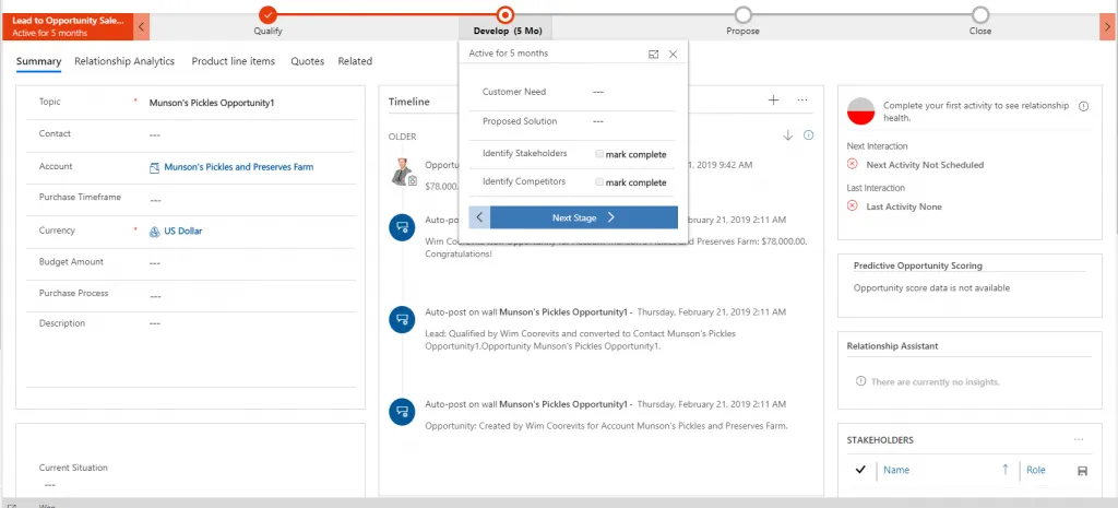 Interfaz de Dynamics 365 for Sales