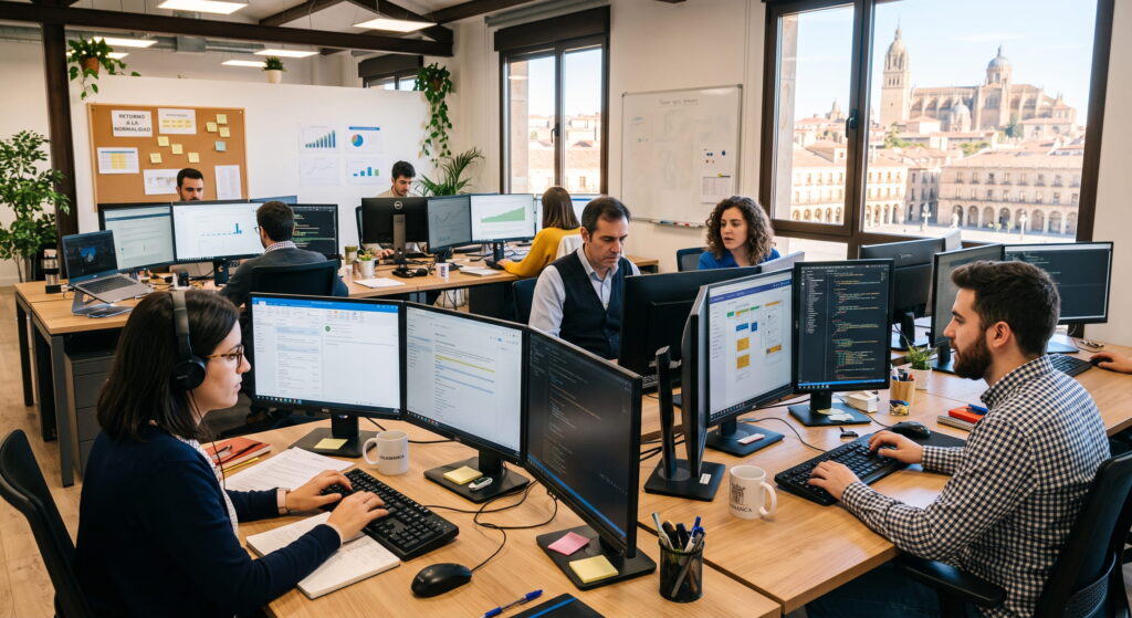 Oficina retomando la actividad con normalidad, equipo trabajando frente a varias pantallas
