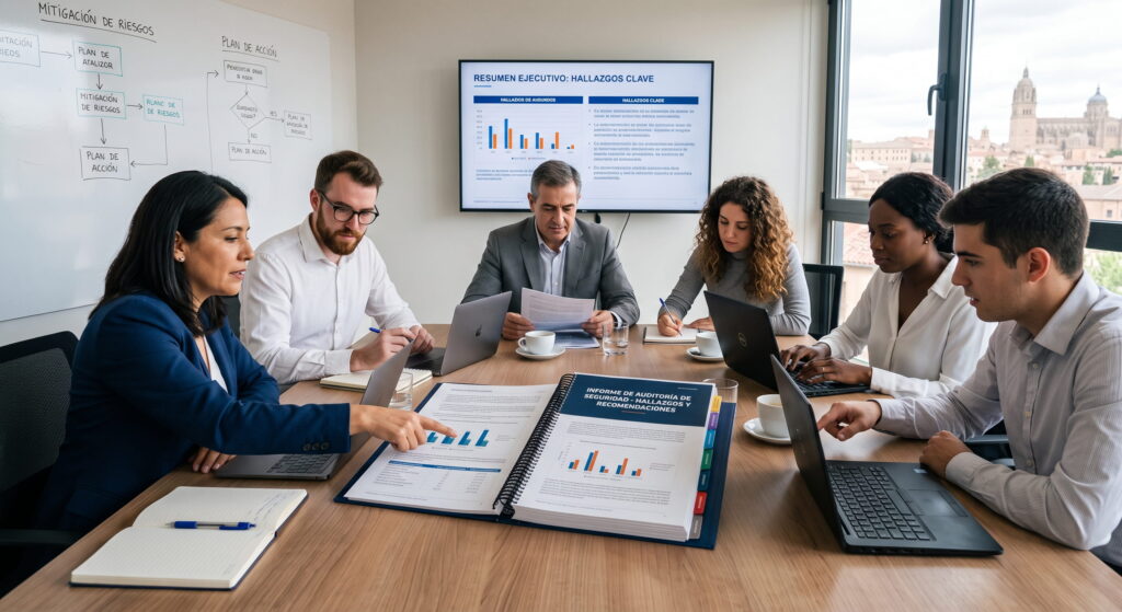 Equipo revisando un informe de auditoría de seguridad en una sala de reuniones