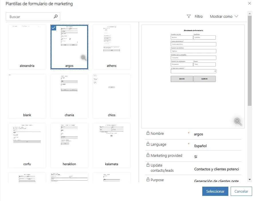 Plantillas de formularios de Dynamics for Marketing