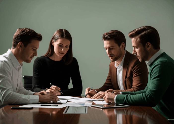 Reunión de equipo técnico y legal revisando documentación de auditoría en una sala de trabajo