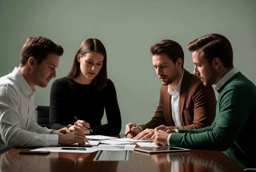 Reunión de equipo técnico y legal revisando documentación de auditoría en una sala de trabajo