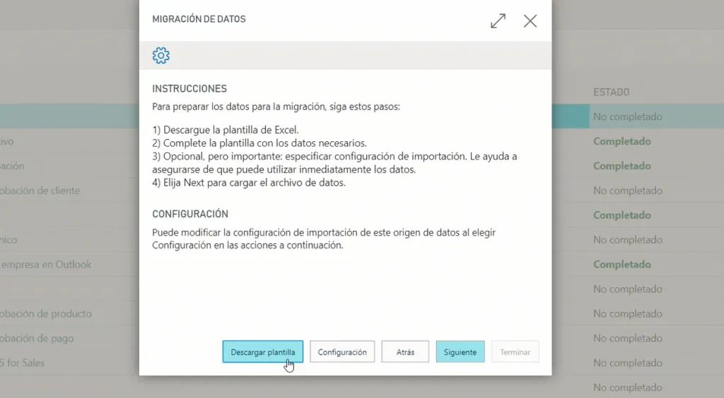 Menú de migración de datos de Business Central